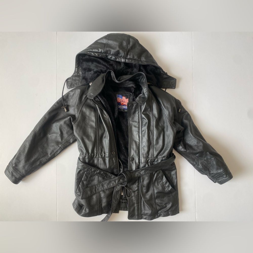 Black Real Leather Hooded Jacket Women’s Medium